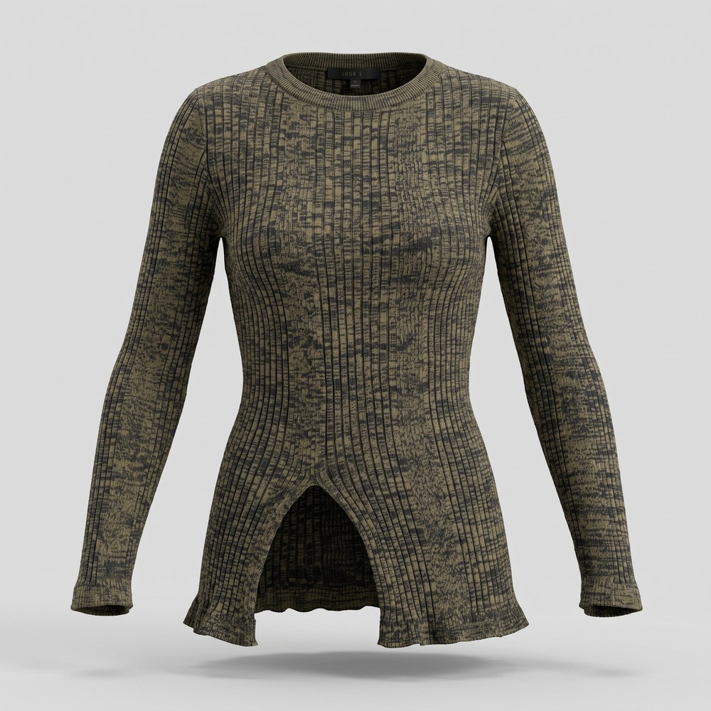 Love Tree Women Medium Olive Green Cotton Ribbed Space Dye Front Slit Sweater